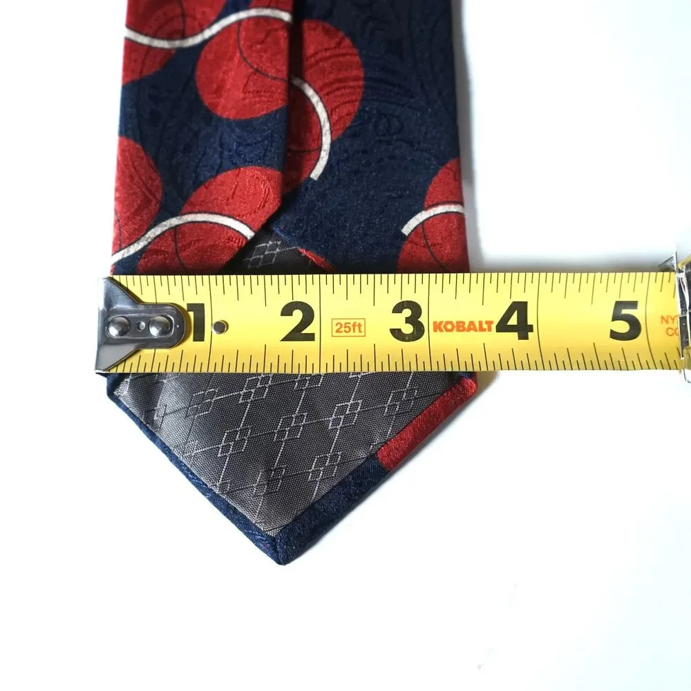 Pierre Balmain Neck Tie Navy Blue Geometric Red White Circular Pattern